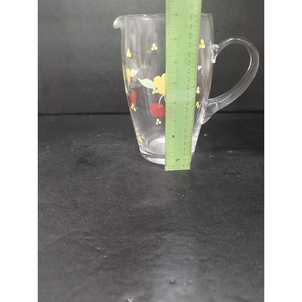 Hand Painted Glass Pitcher, Cherries And Flowers Design, Vintage Kitchenware‎